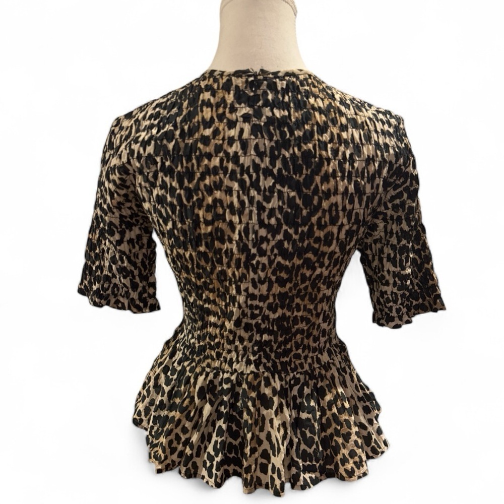 GANNI Leo Leopard Print Smocked Peplum Blouse Sz 36 / US 4 Cotton Silk Top - Picture 4 of 10